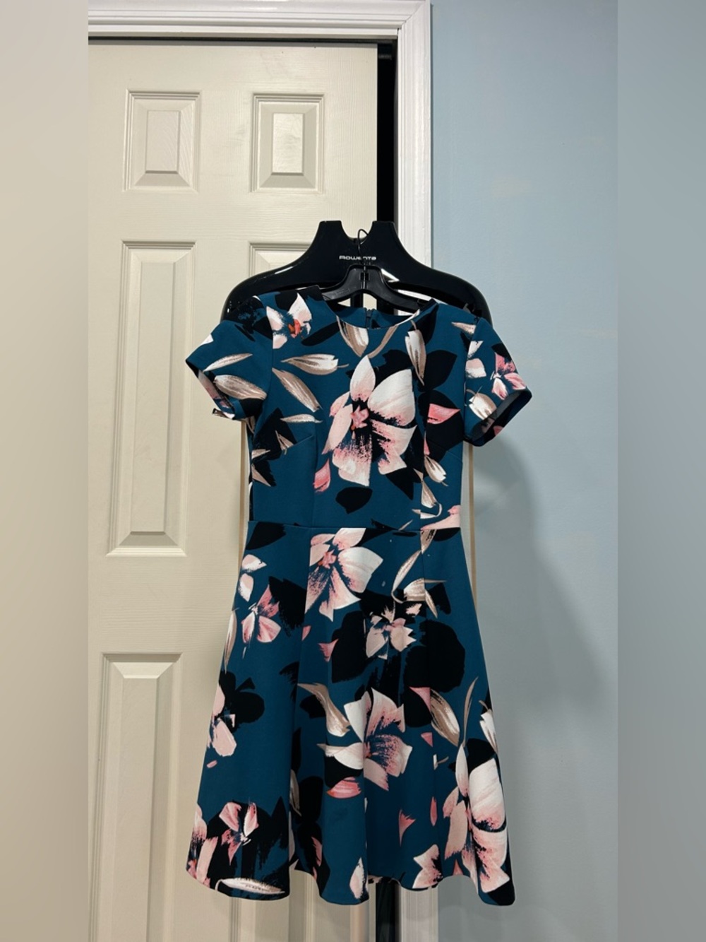 Vince Camuto Teal Floral Fit-and-Flare Midi Dress with Pink Accents
